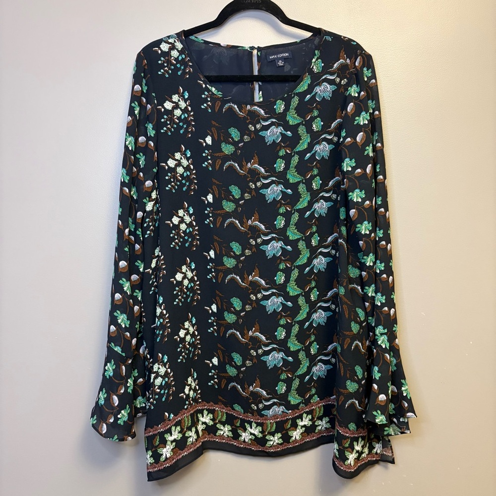 Whimsygoth Spring Summer Blue Floral Long Sleeve Bell Cuff Blouse Top Festival